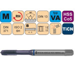 Závitník strojní M3 x 0,5 HSS+TiCN (ISO2), DIN 371 B